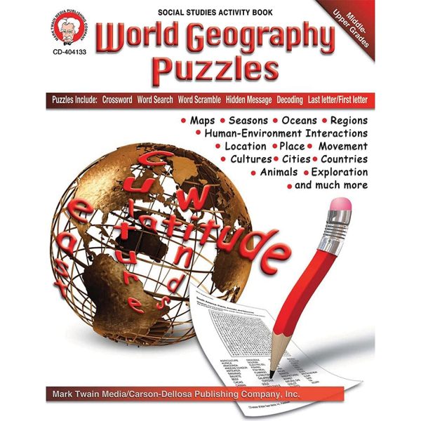 Mark Twain World Geography Puzzle Book, Activity Book with Maps, Crossword, Word Search, Decoding, and More for Middle School and High School Students [Paperback] Mark Twain Media