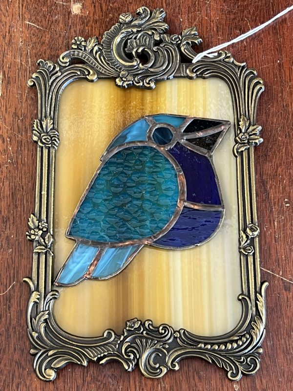 Beautiful Stained Glass - Blue Bird on Yellow Glass with Ornate Frame