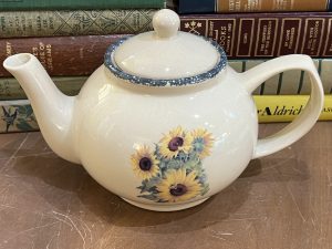 Sunflower Teapot with Blue Rimmed Top Edge