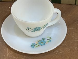 Anchor Hocking Dainty Blue Flower on White Teacup & Saucer