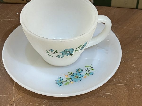 Anchor Hocking Dainty Blue Flower on White Teacup & Saucer