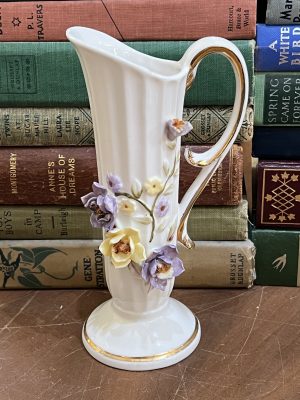 Tall Beautiful and Elegant White Pitcher with Raised Pastel Flowers