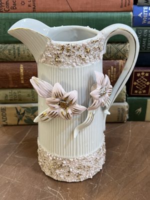 Ornate Striped Pitcher with Pink Flowers and Pink Raised Edges