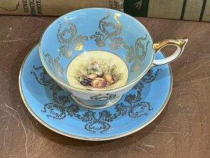Ansley Fine English Bone China Beautiful Blue with Fruit Center Teacup and Saucer