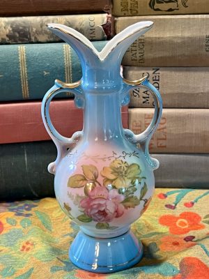 Elegant Light Blue with Roses double handled Porcelain Rosebud Vase (S812) ~ 50% off with vintage coupon