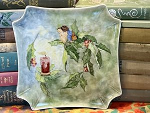 Hand-Painted Little garden gnome and candle Christmas Serving Plate (S825) ~ 50% off with vintage coupon