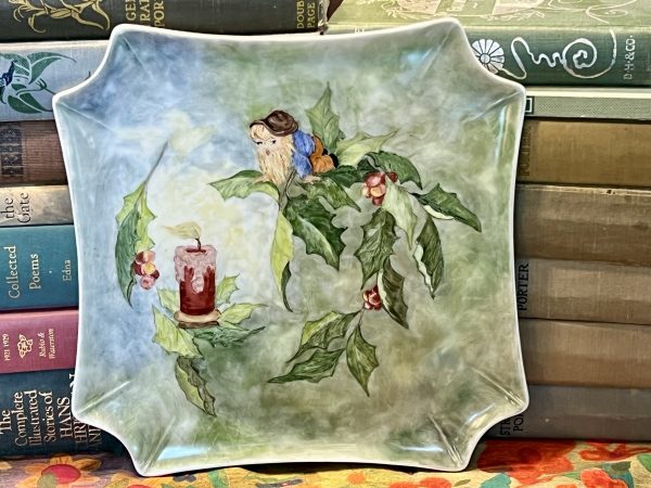 Hand-Painted Little garden gnome and candle Christmas Serving Plate (S825) ~ 50% off with vintage coupon