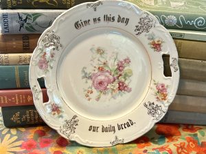 Decorative Plate with Roses and Silver Flowers & Trim with "Give Us this Day Our Daily Bread" (S827) ~ 50% off with vintage coupon