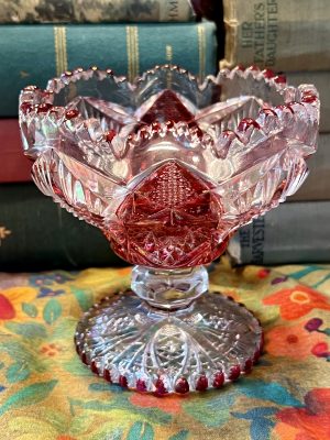 Vintage Bohemian Elegant Ruby Red Clear Cut Cranberry Candy Cut Glass Candy Dish (S836) ~ 50% off with vintage coupon