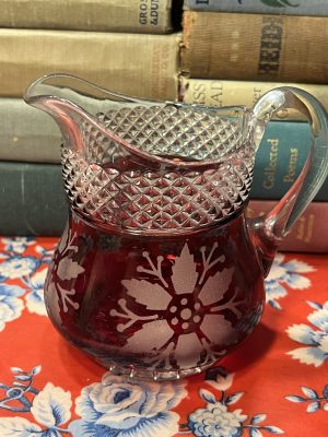 Beautiful Red Glass Sketched Small Pitcher ~ 50% off with vintage coupon (S902)