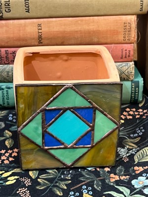 Stained Glass Clay Holder with Quilted Design on Front
